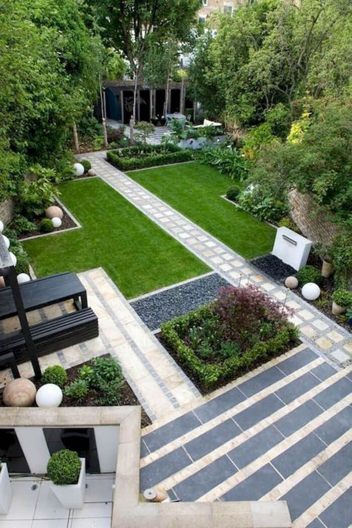 an aerial view of a garden with benches