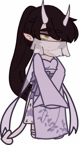 a drawing of a demon girl with horns on her head and long black hair wearing a purple dress