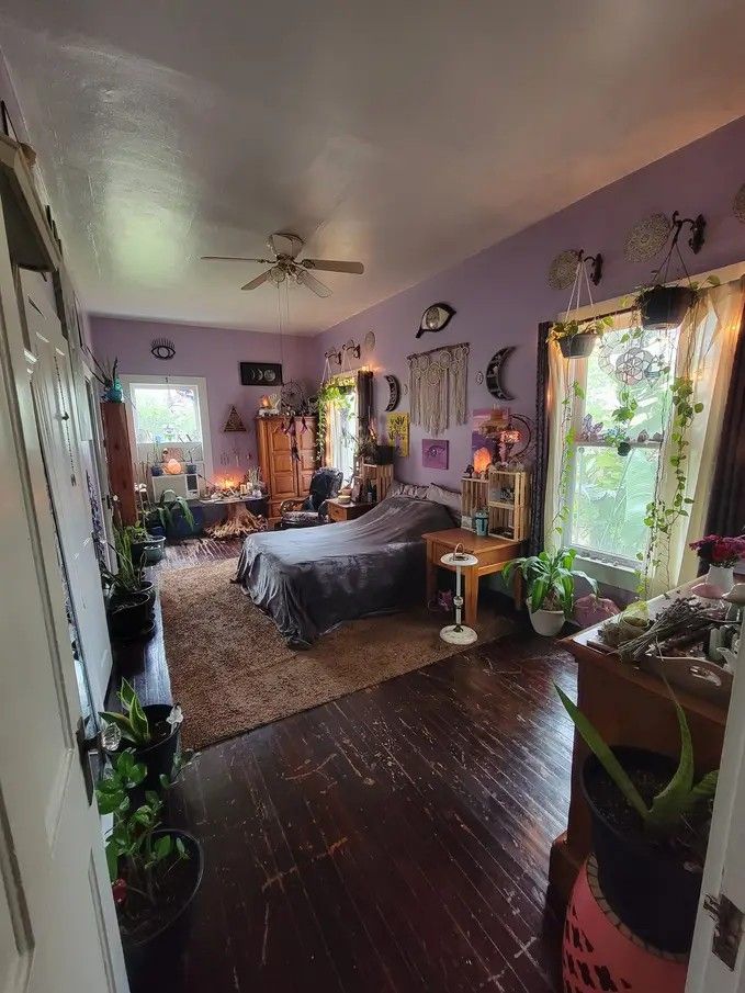 a bedroom with purple walls and wooden floors, plants on the floor, and a bed in the corner