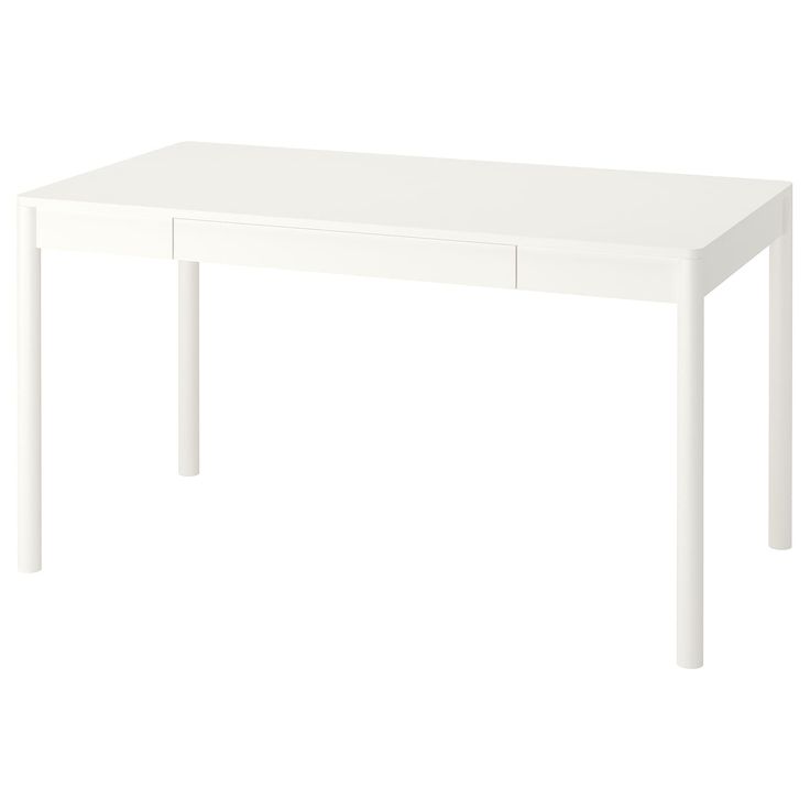 a white table with two drawers on the bottom and one drawer at the top, in front of a white background