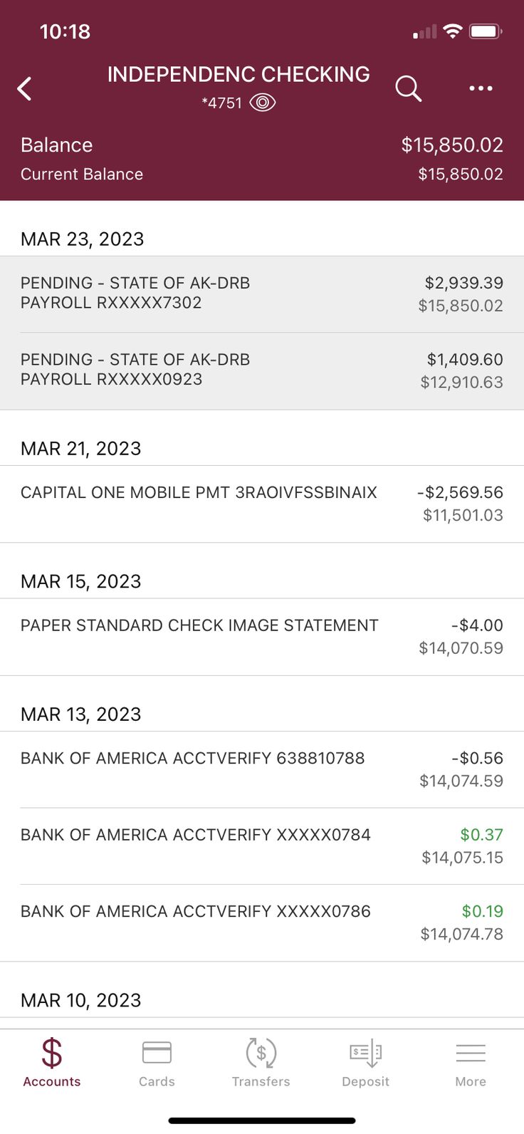 an iphone screen showing the balance and payment details for various bank accounts, including $ 10