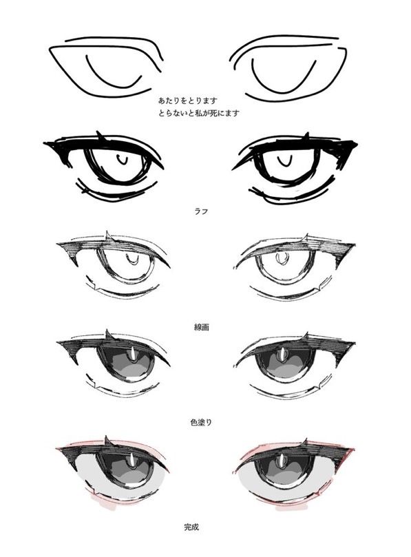 an anime character's eyes and their features are drawn in black ink on white paper