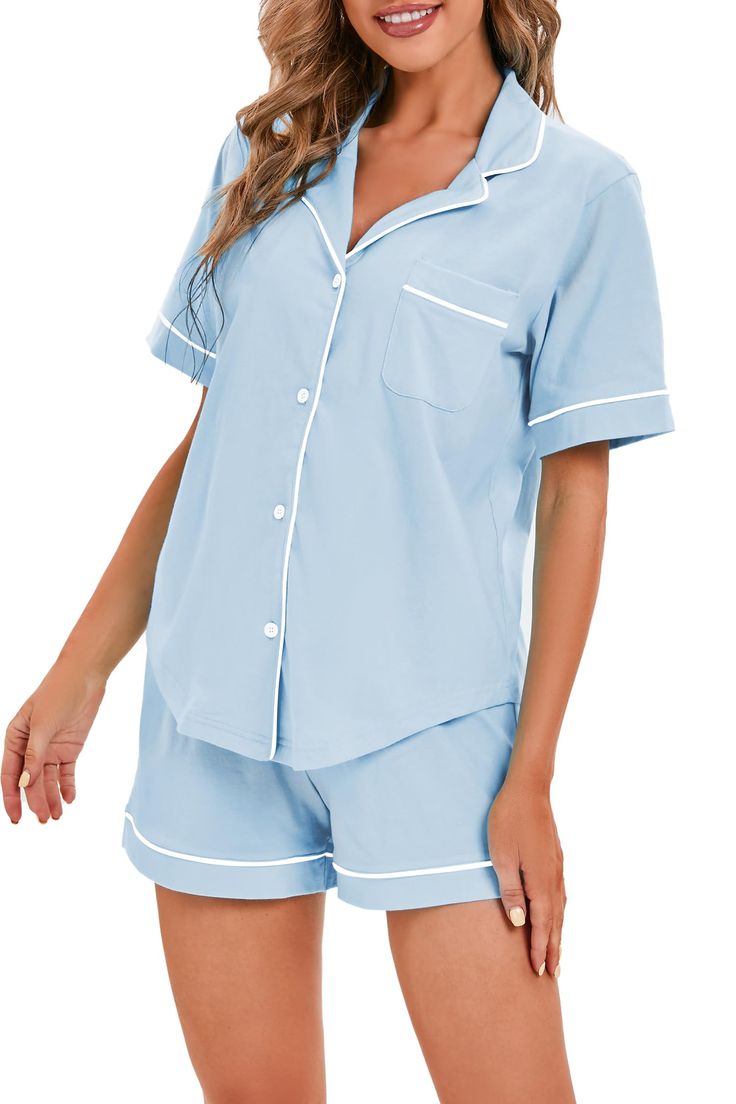 PRICES MAY VARY. Material: 48% Cotton, 47% TENCEL Modal. Experience the perfect harmony of luxury and comfort with this unique fabric combination. Luxuriously soft TENCEL Modal ensures a gentle caress against your skin, while the addition of cotton provides breathability and durability for a good night's sleep. Elevate your loungewear with our premium short pajama set, designed to keep you cool, comfortable, and stylish all night long. Design: Short sleeve shirt has a left chest pockets and butt Maximalist Dorm, Summer Sleepwear, Pjs Set, Personalized Pajamas, Pajamas For Women, Bamboo Pajamas, Pyjama Sets, Cotton Pajamas, Short Pj Set