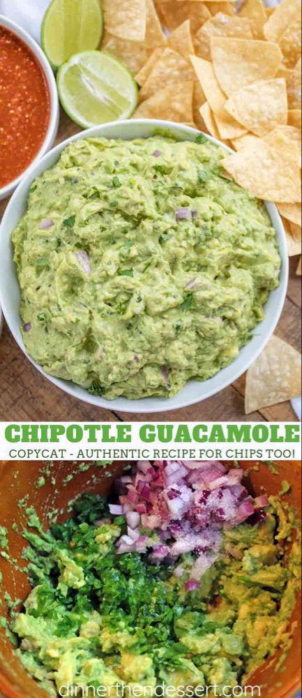 guacamole and tortilla chips on a table with salsa in bowls