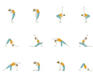 woman doing yoga poses in various positions on the white background, set of nine illustrations