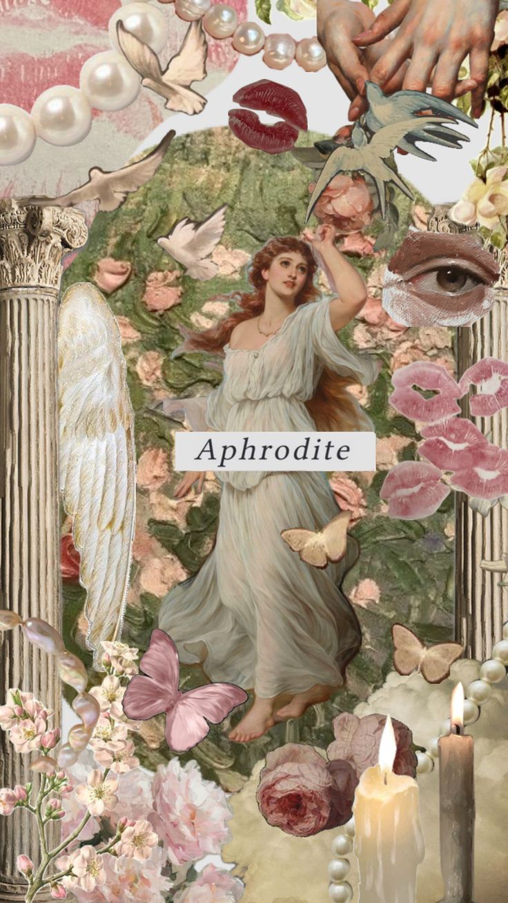 an angel surrounded by flowers and other items with the words aphrodite on it