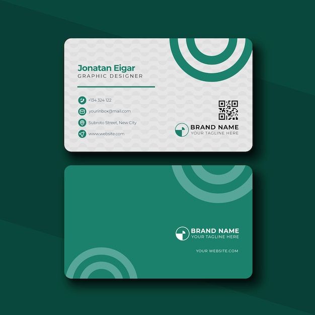 two business cards with green and white circles on the front, one has a rounded design