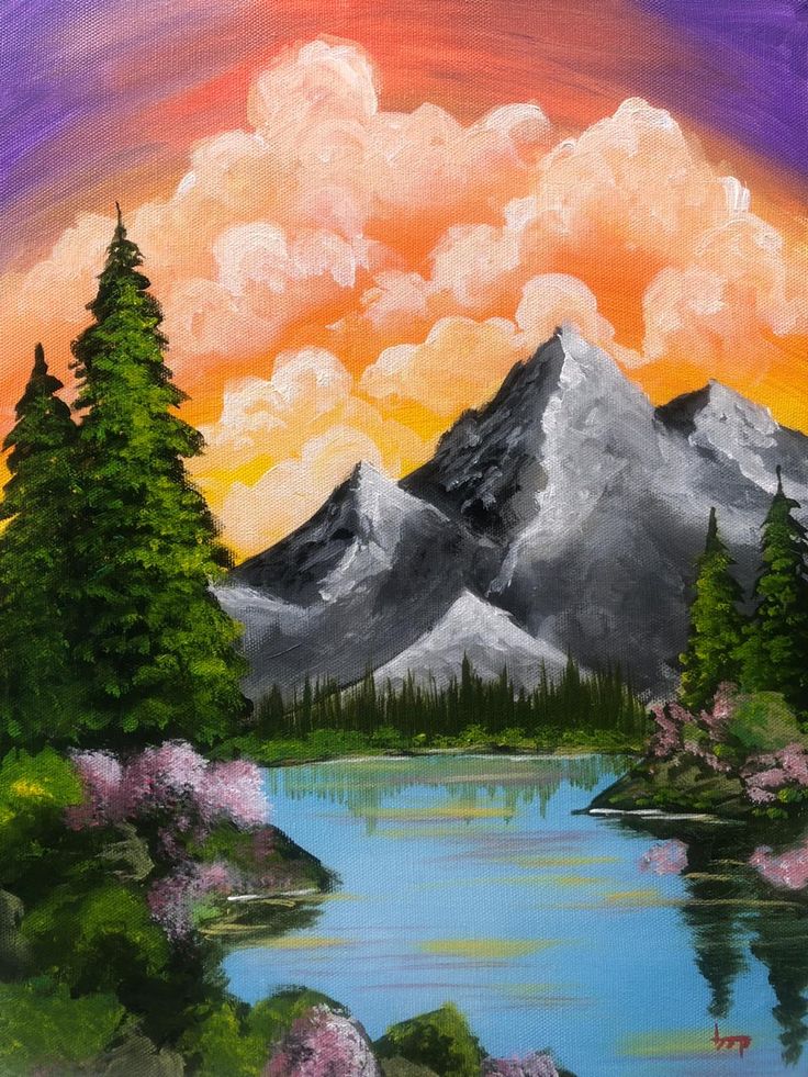 a painting of mountains and trees with water