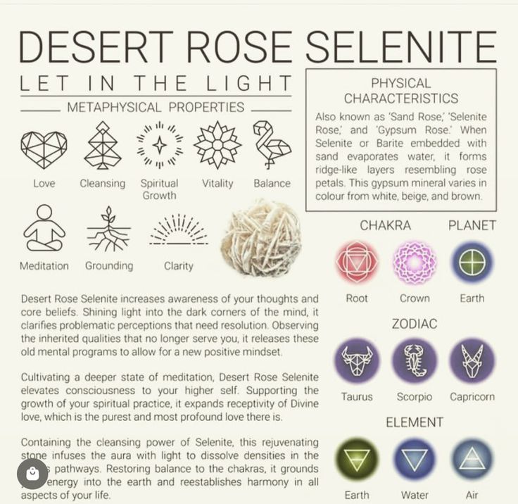 an info sheet with different symbols and their meanings for each element in the poem, desert rose selenite let in the light