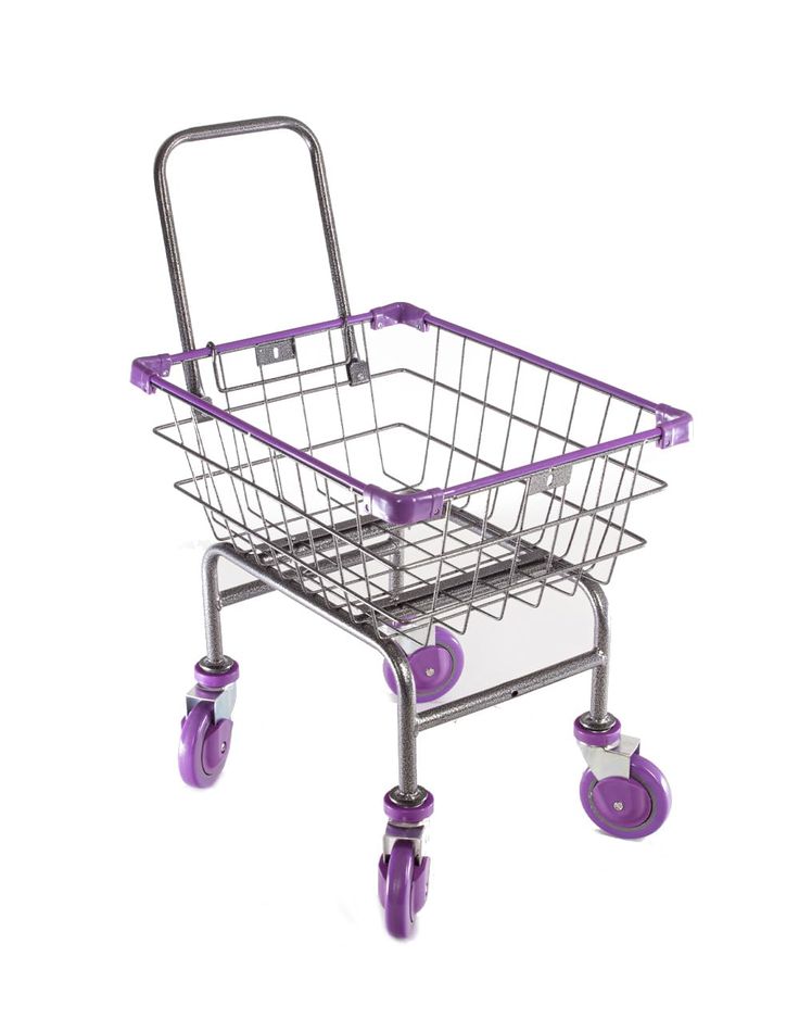 a purple shopping basket with wheels on a white background