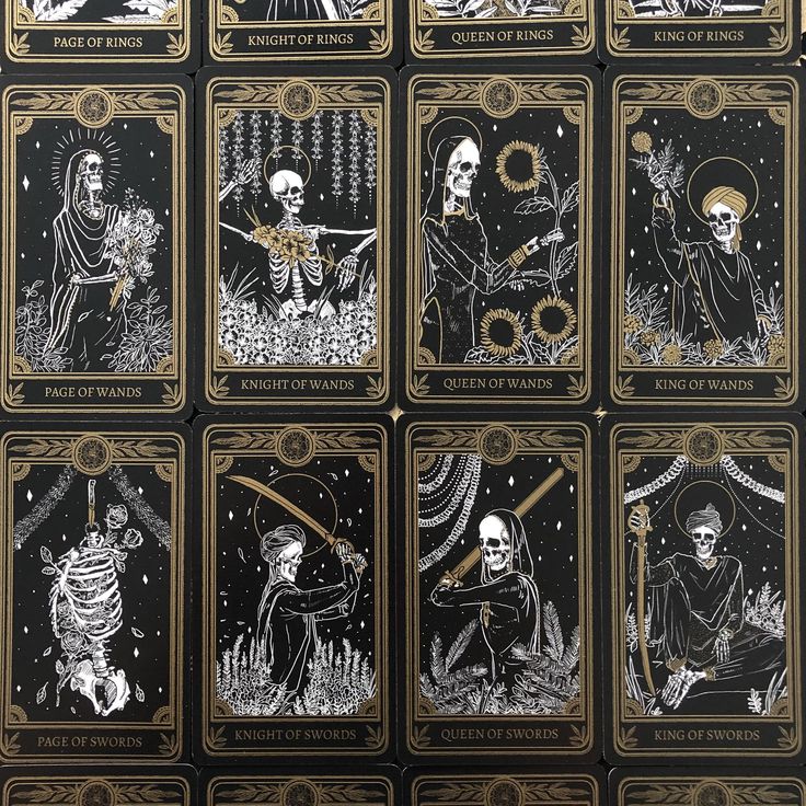 six taroti cards with skeletons and skeleton images on them, all in black and gold