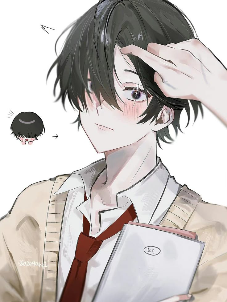 an anime character with black hair holding a white tablet in his right hand and wearing a red tie