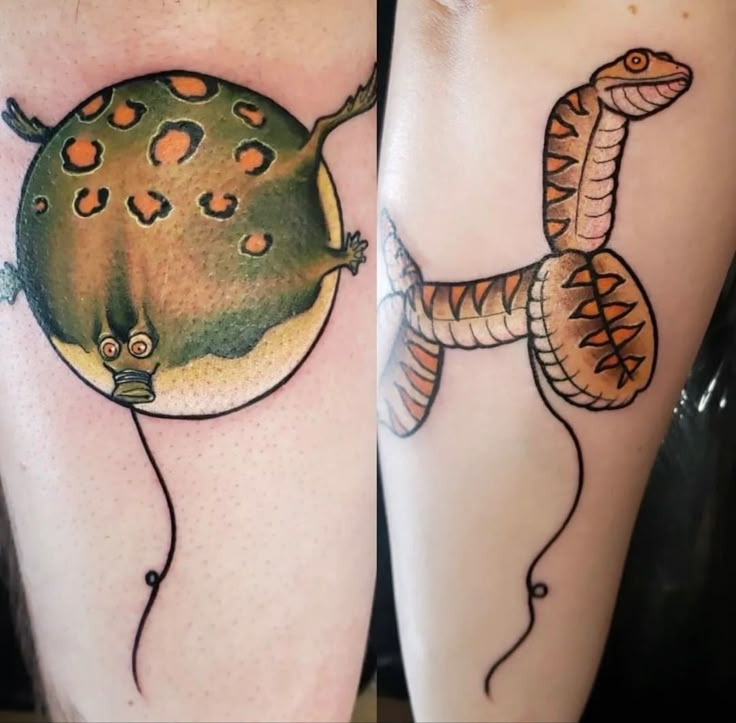 two tattoos on the legs of people with different types of tattoos and body parts in them