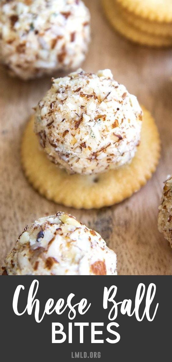 cheese ball bites on top of crackers with the words cheese ball bites above them