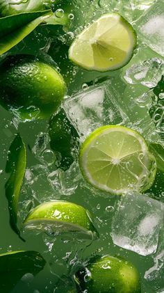 limes and ice in water with leaves