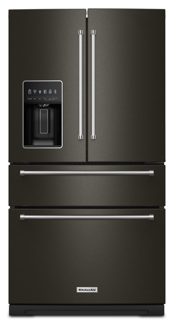 a black refrigerator freezer with two drawers and one door on the bottom, in stainless steel