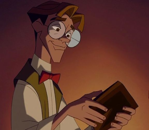 a cartoon character holding a book in his hand and looking at it with an evil look on his face