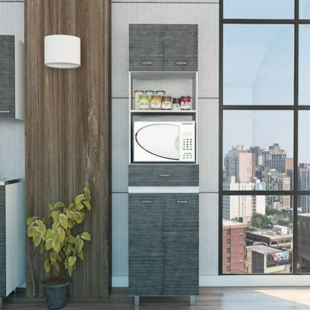 a modern kitchen with gray cabinets and white appliances in front of a large window overlooking the city