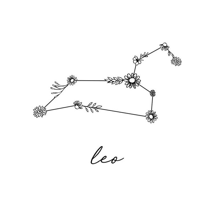 the leo zodiac sign with flowers on it's head and handwritten word leo