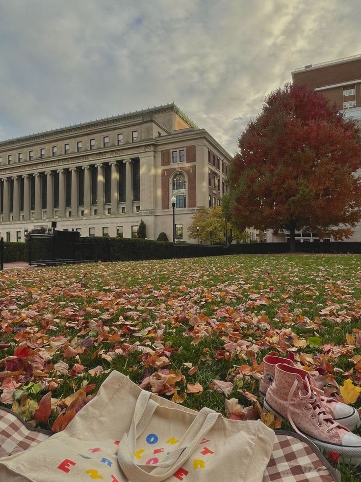 a pair of shoes sitting on top of a blanket in front of a large building