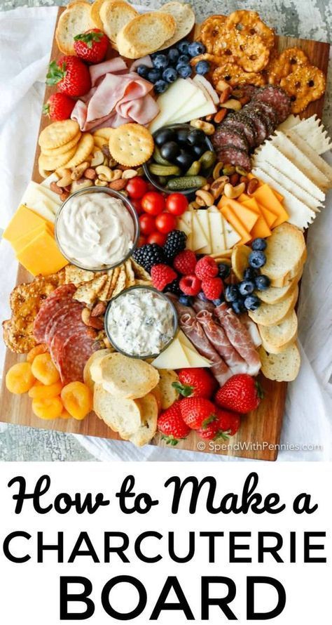 a wooden board with cheese, crackers and fruit on it that says how to make a charcuterie board