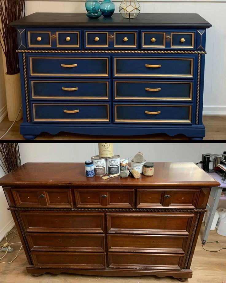 an old dresser has been painted blue and gold