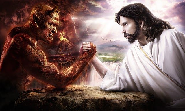 jesus and demon in front of an image of the devil with his hands clasped together