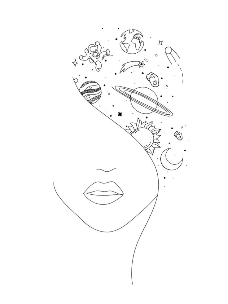 a woman's face with planets and stars coming out of her head, in black and white