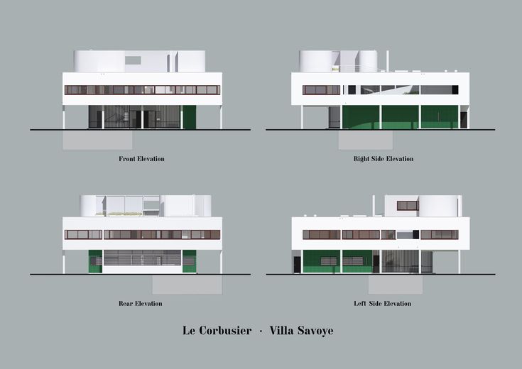 four different views of the front and side of a building with green trimmings