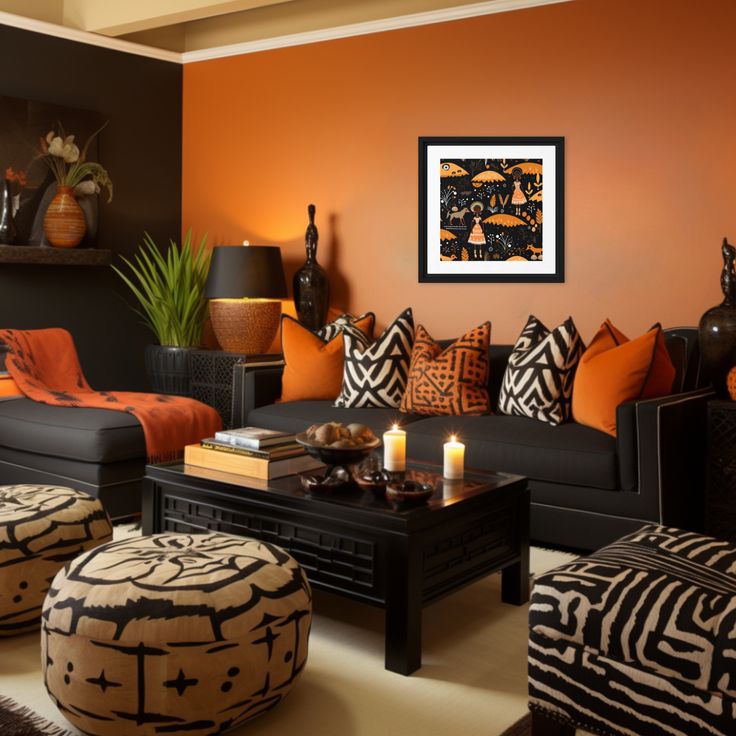 an orange and black living room with zebra print pillows on the couches, ottomans and coffee table