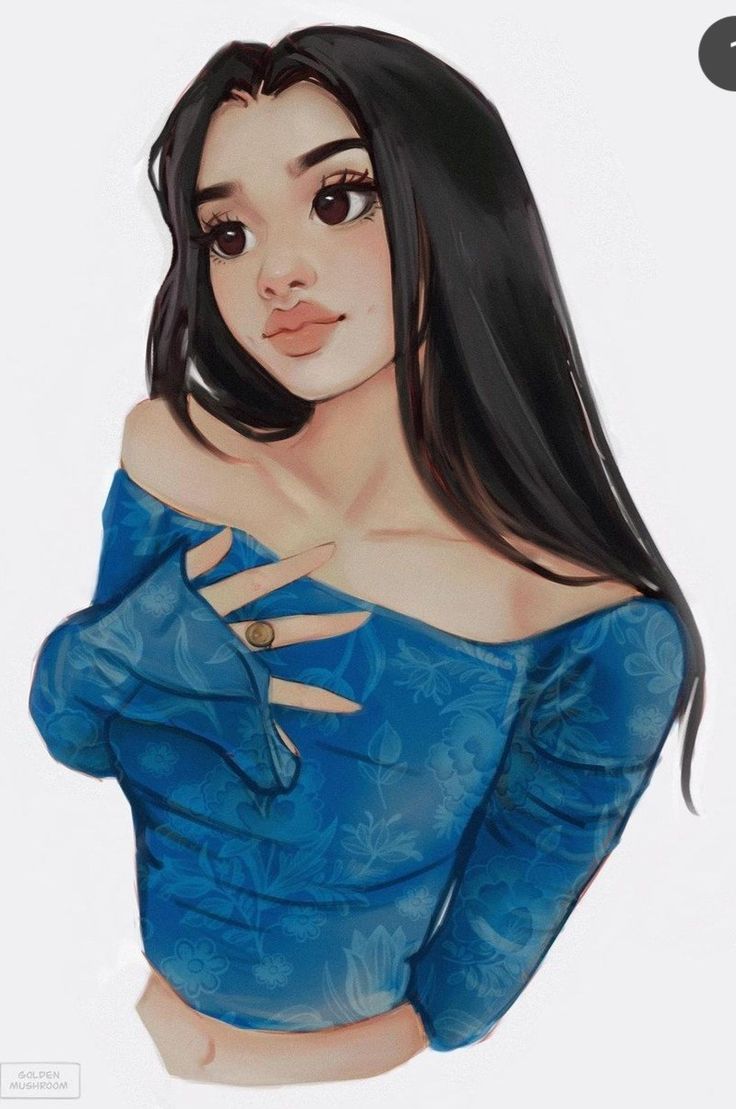 a drawing of a woman with long black hair wearing a blue shirt and holding her hand on her shoulder