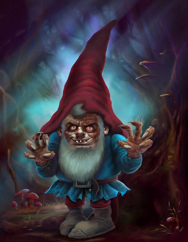 a painting of an evil gnome holding his hands up