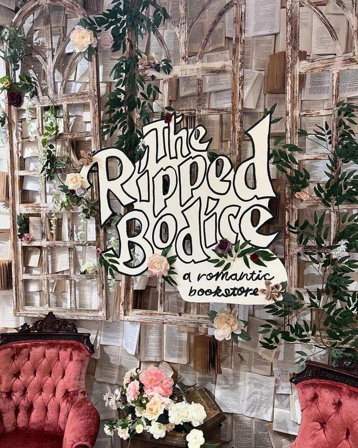 an old fashioned chair and table in front of a sign that says the ripped bode