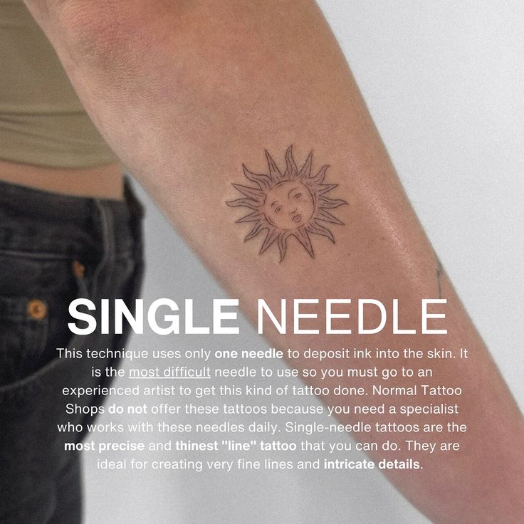 a woman's arm with a tattoo on it that reads, single needle this technique uses only one needle to deposit ink into the skin