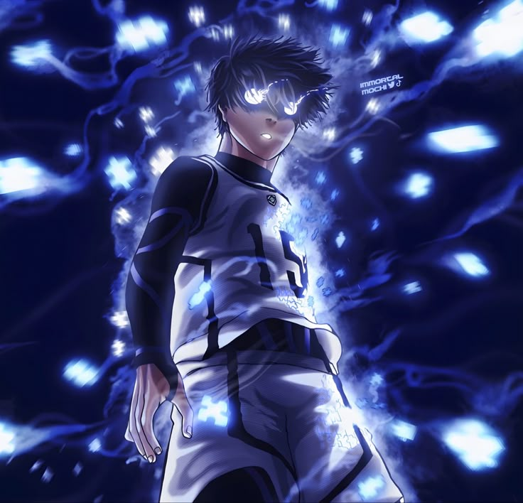 an anime character standing in front of some blue lights and glowing stars with his hands on his hips