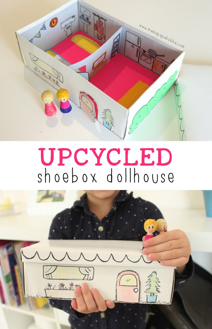 an upcycled shoebox dollhouse is shown with the instructions for it to make