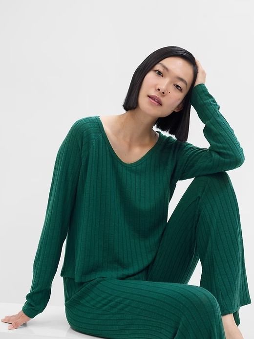 Relaxed Ribbed PJ Shirt | Gap Factory Comfy Knit Tops With Relaxed Fit, Comfy Relaxed Fit Knit Tops, Relaxed Fit Comfy Knit Top, Green V-neck Top With Ribbed Cuffs, Relaxed Fit Raglan Sleeve Tops For Loungewear, Relaxed Cozy Fit Tops For Loungewear, Relaxed Fit Green Sleepwear For Fall, Comfortable Tops For Relaxation In Fall, Green Relaxed Fit Sleepwear For Fall