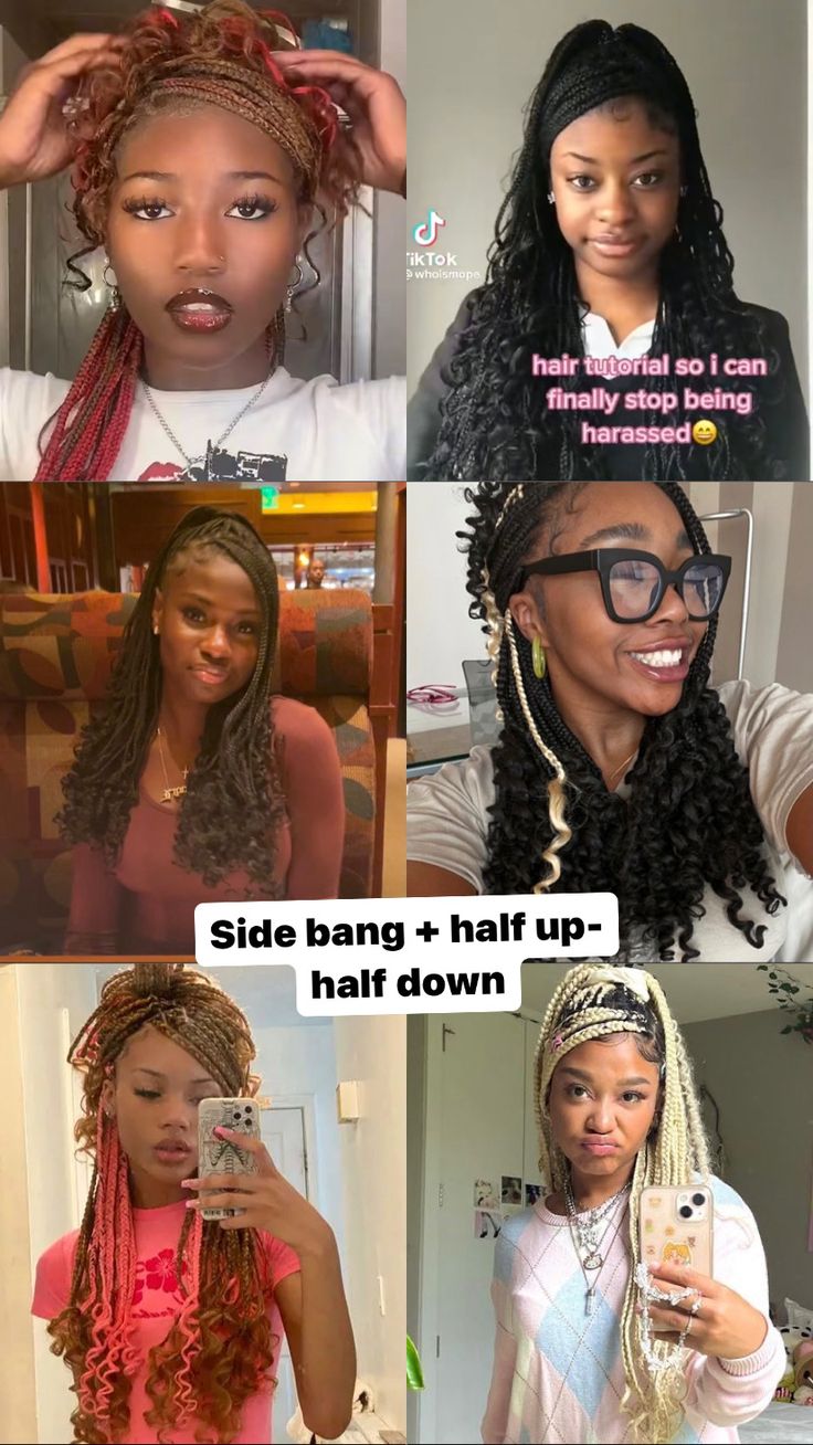 Hairstyles f/ Braids Braids In Different Styles, Hairstyles For When You Have Braids, Styling Ideas For Braids, Box Braids Hairstyles Half Up Half Down, Cute Box Braids Hairstyle, Picture Day Hairstyles Braids, Fits With Braids, Styling Goddess Braids Hairstyles, Box Braids Ponytail Hairstyles