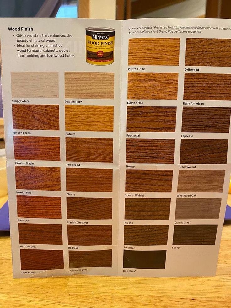 a table that has some wood samples on it, and one is labeled with different colors