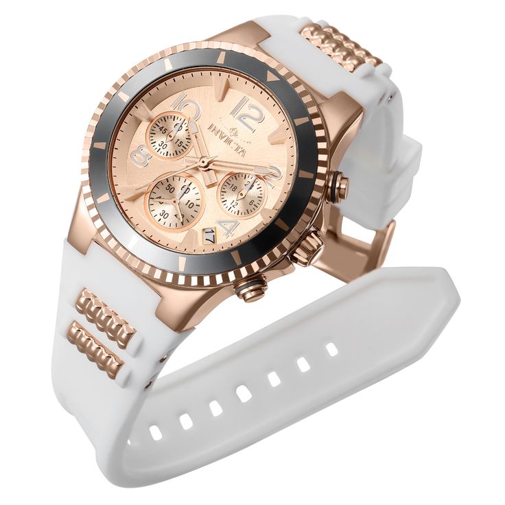 This incredible Invicta watch from the BLU collection offers an exact Quartz movement, with an incredible rose gold case. The face displays a rose gold, metal dial protected by our proprietary Flame Fusion Crystal. The design is completed by a rose gold, white, stainless steel, silicone band. This timepiece can resist water for up to 100 m. With sleek lines highlighted by vibrant color accents, the pieces of Invicta Blu enhance dimension and make time pop. Innovative design choices and to the minute technology reside at the heart of the collection. The timepieces are a stylish representation of the ultimate in function and fashion. Having fused brains and good looks at a stellar price, Invicta Blu is a new take on the way your time looks and feels.From Invicta's founding more than a centur Cheap White Quartz Movement Watch Accessories, Luxury White Gold Chronograph Watch With Quartz Movement, Luxury Multicolor Chronograph Watch With Quartz Movement, Luxury Purple Chronograph Watch Accessories, Cheap Multicolor Watches With Quartz Movement, Cheap Multicolor Quartz Movement Watches, Luxury White Gold Watch With Automatic Movement, Luxury Quartz Digital Watch For Formal Occasions, Luxury White Gold Watch Accessories With Quartz Movement