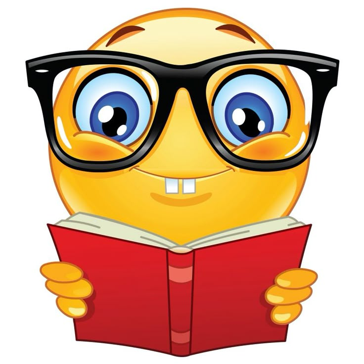 an emoticive smiley face wearing glasses reading a book