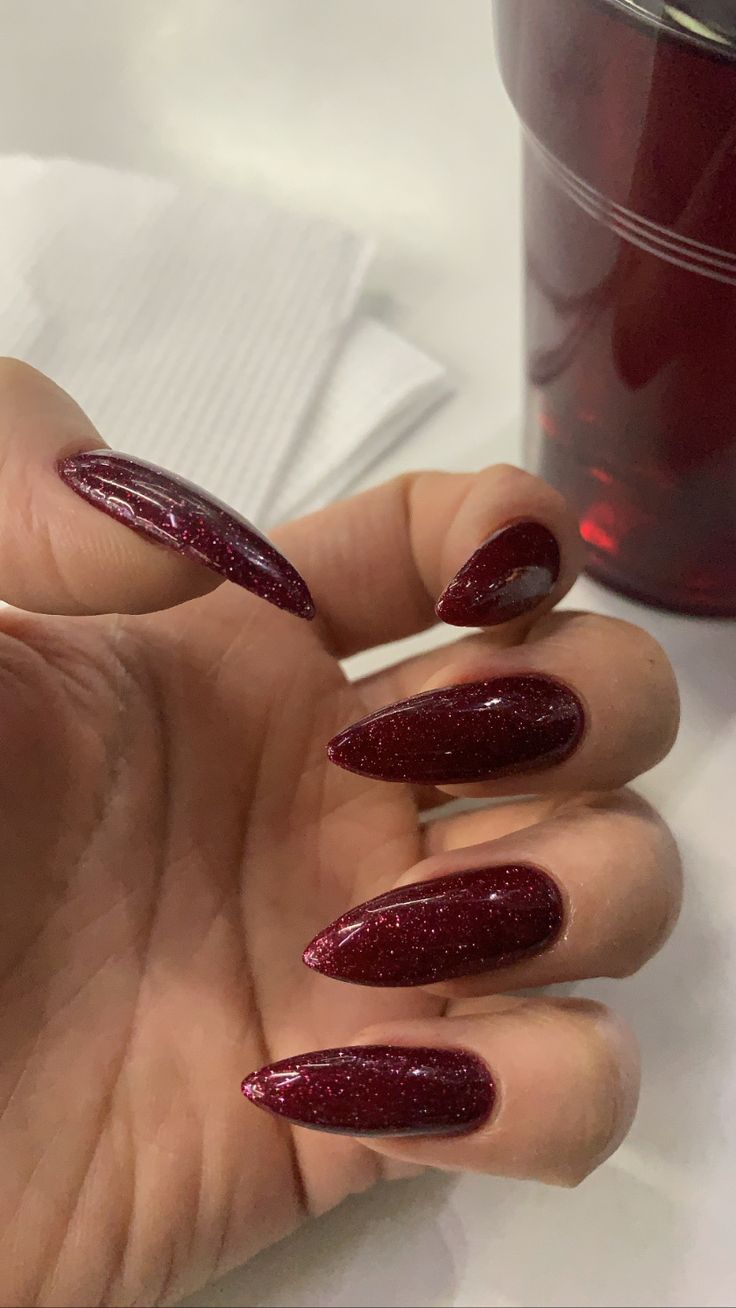 Red Wine Glitter Nails, Red Nails With Glitter Design, Maroon Shimmer Nails, Wine Red Nails With Glitter, Glitter Dark Red Nails, Glitter Cherry Nails, Burgundy Glitter Nails Acrylic, Deep Red Glitter Nails, Dark Sparkly Red Nails