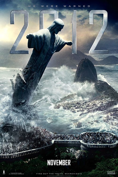 the movie poster for 2012 with a man standing on top of a rock in the ocean