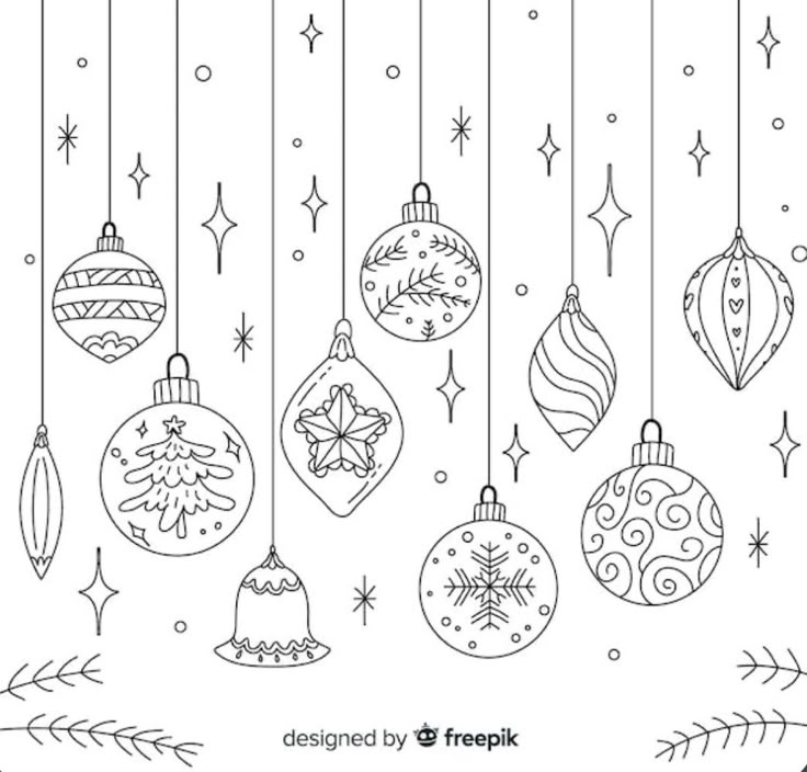 christmas ornaments hanging from strings with snowflakes and stars in the sky behind them