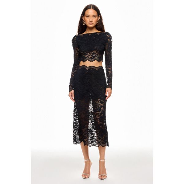 Black. (90% Polyamide, 10% Elastane). Skirt. Side button closure Length: 32". See fit notes for more information. Imported. Lace Midi Skirt, Rent The Runway, Lace Midi, Black Lace, Midi Skirt, Skirt, Lace, Black