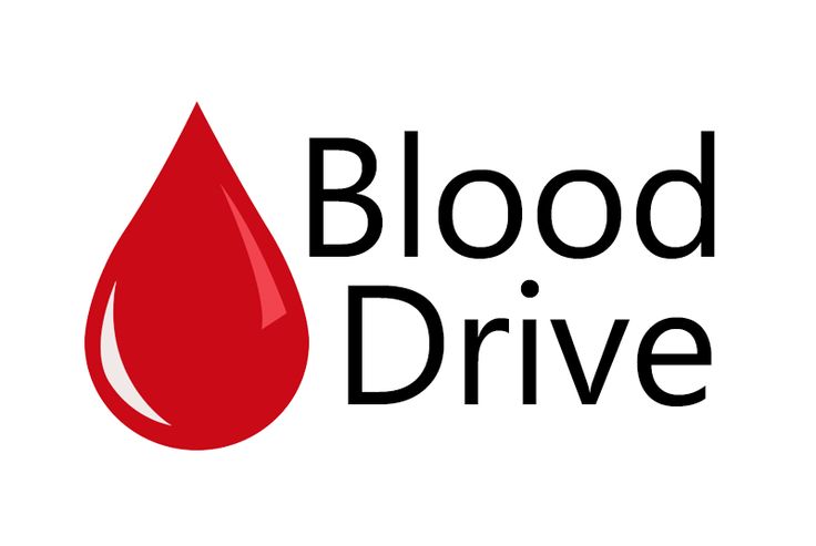 the blood drive logo is shown in black and red, with a drop of blood on it