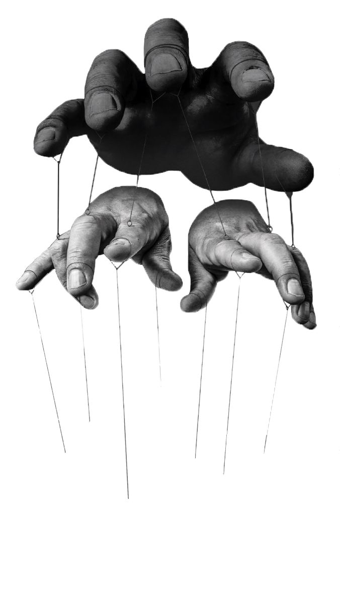 two hands are suspended from strings in the air