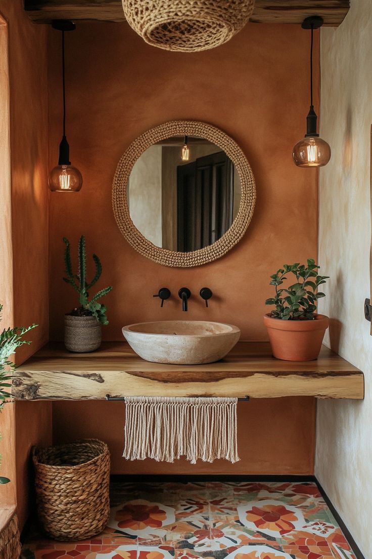 a bathroom with a round mirror above the sink and potted plants on the counter