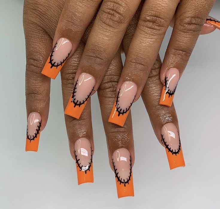 Square Nude Nails, Nails With Orange, Orange Acrylic Nails, Nail Design Glitter, Orange Nail Designs, Gel Toe Nails, Halloween Acrylic Nails, Nail It, Acrylic Nail Kit