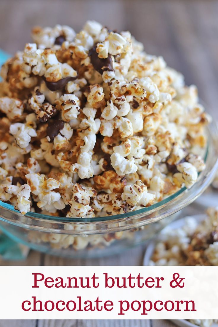 a bowl full of peanut butter and chocolate popcorn with the title overlay above it